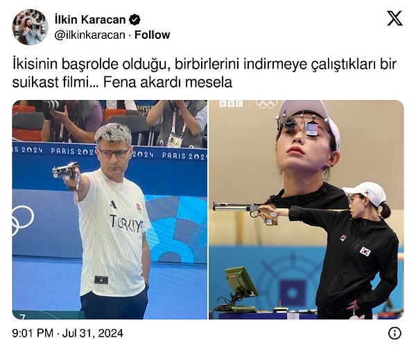 X'te @ilkinkaracan, Yusuf Dikeç ile Güney Koreli atıcı Yeji Kim'i bir araya getirip "İkisinin başrolde olduğu, birbirlerini indirmeye çalıştıkları bir suikast filmi… Fena akardı mesela" paylaşımını yaptı.