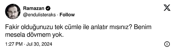 Twitter'da kullanıcılar, maddi durumlarını esprili bir şekilde ifade etmekte oldukça yaratıcı. İşte bu tweet altına gelen, fakirliklerini tek cümlede özetlemekte başarılı kullanıcılar 👇