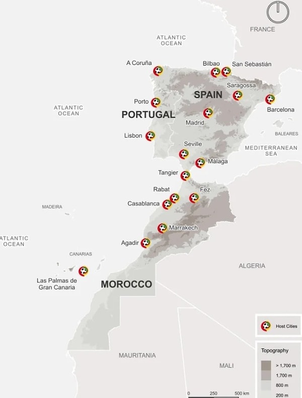 1. İspanya-Portekiz-Fas üçlüsünün ev sahibi olacağı 2030 Dünya Kupası'na aday ev sahibi şehirlerin listesi.