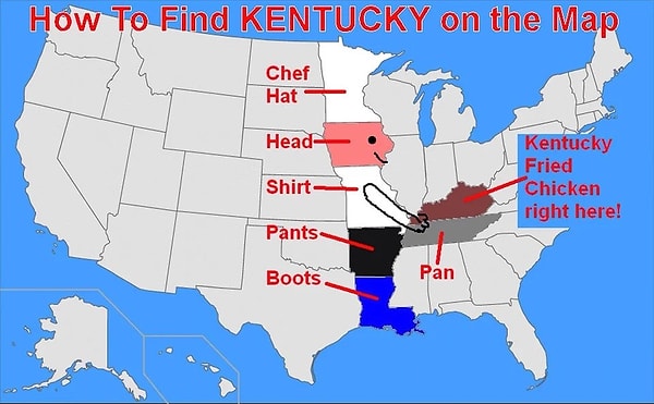 9. ABD'nin Kentucky eyaletini bulmak için tatlı bir formül. Kahverengi olarak 'tavada' gözüken kısım Kentucky!