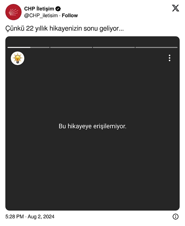 CHP'nin X hesabı üzerinden ise AKP'nin Instagram hikayesini hedef alan bir paylaşım yapıldı.