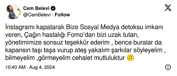 X de kapatılsın önerisinde bulunan Cem Belevi, konuyu "cehalet mutluluktur" diyerek kapattı.