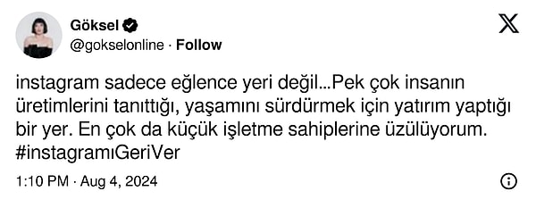 ''Instagramıgeriver'' hastag'iyle paylaşım yapan şarkıcı, bu durumun ekonomik boyutta getireceği zararları ele alarak, ''küçük işletmelere üzülüyorum'' dedi👇