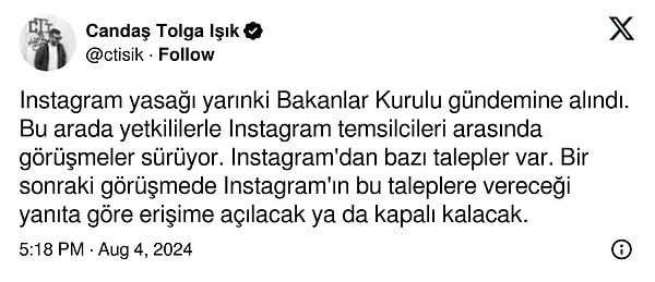 Işık, Twitter üzerinden yaptığı açıklamada, Instagram yasağının yarınki Bakanlar Kurulu toplantısının gündeminde yer alacağını belirtti.👇