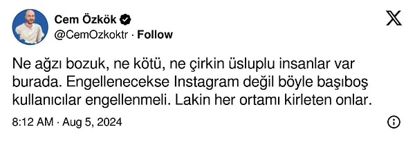 Özkök, 'Instagram engellenmesin ama buradaki insanlar engellensin' diyerek ilginç bir tepki gösterdi. Türkiye'nin gündemindeki Instagram kısıtlamasına 'kendine has' bir şekilde tepki gösteren Özkök'e de yorumlar gecikmedi.