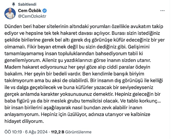 Kendisine gelen yorumlara sinirlenen Özkök, yeni bir tweet atarak, ''Madem hakaret ediyorsunuz her şeyi göze alıp ciddi paralar ödeyin bakalım.'' dedi.👇