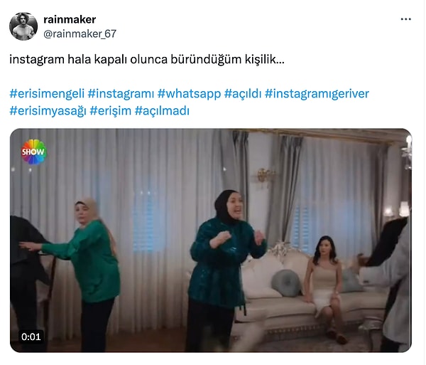 Kullanıcıların yaratıcı paylaşımları arasında Kızılcık Şerbeti dizi sahneleri de vardı. Dizideki ikonik sahne ile Instagram'ın kapanmasına tepki gösterenler "Güleriz ağlanacak halimize" dedirtti.