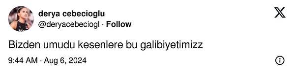 Oyuna girer girmez maçı ateşleyen Derya Cebecioğlu ise "Bizden umudu kesenlere bu galibiyetimiz" şeklinde paylaşım yaptı.