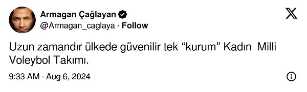 Ünlü televizyon yapımcısı ve yorumcusu, "Uzun zamandır ülkede güvenilir tek “kurum” Kadın Milli Voleybol Takımı" ifadelerini kullandı.