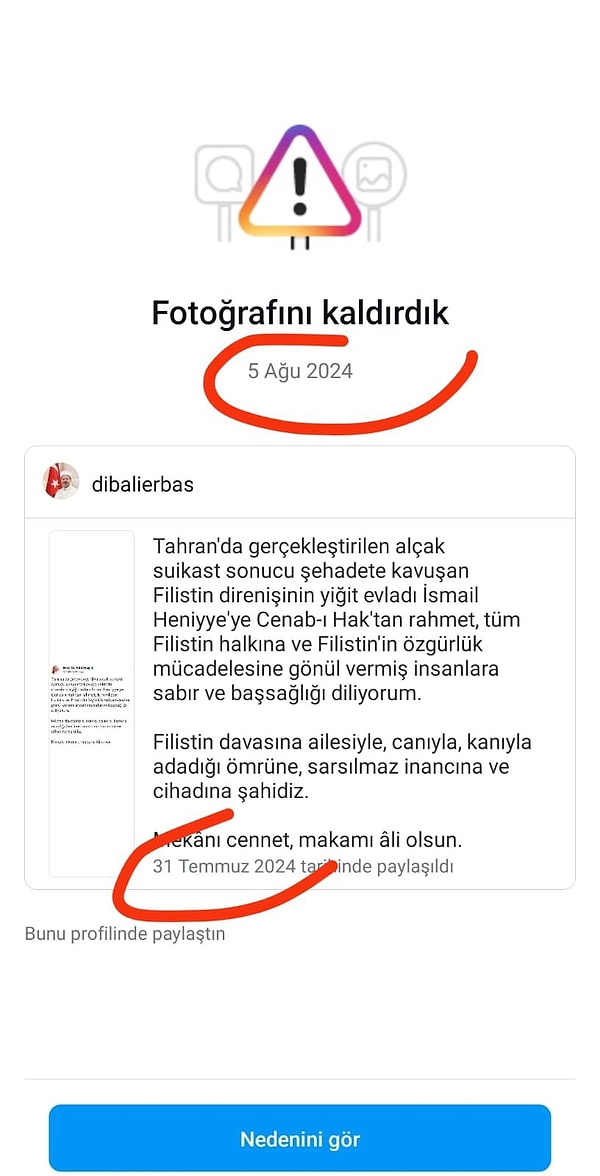 Ancak bugün Instagram’ın yine bir Haniye mesajını silmesi gündem oldu.