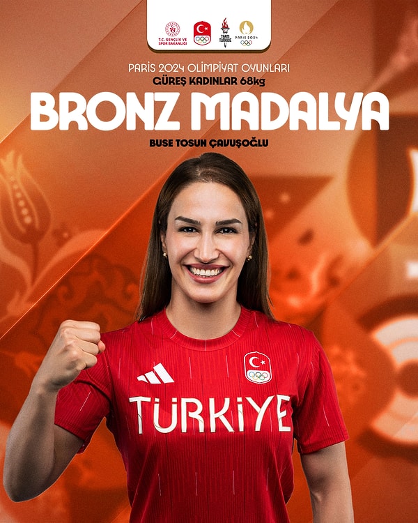 Milli güreşçimiz Buse Tosun Çavuşoğlu kadınlar 68kg bronz madalya maçında Kuzey Koreli rakibi Sol Gum Pak’ı 4-2 mağlup ederek Paris 2024 Olimpiyat Oyunları’ndaki ilk güreş madalyamızı kazandı.