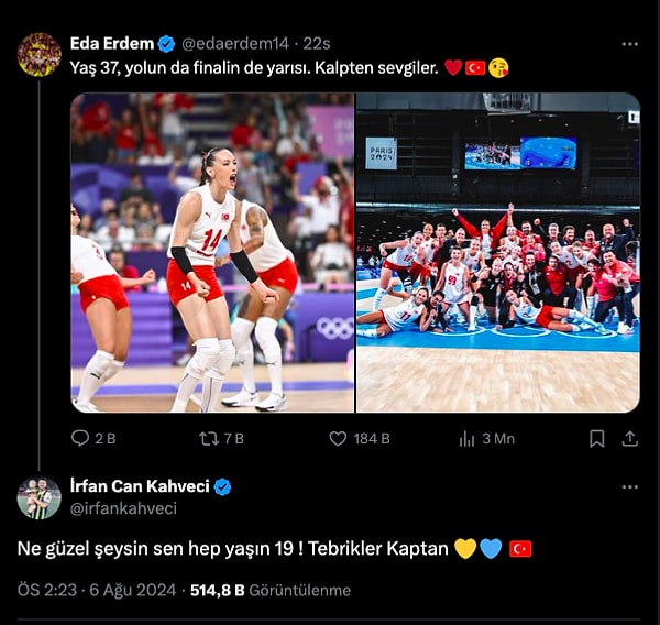 İrfan Can Kahveci gündüz saatlerinde de Filenin Sultanları'nın zaferini kaptan Eda'ya yazdığı mesajla kutlamıştı.