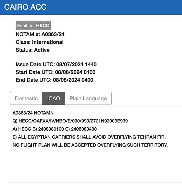 Mısır’ın yayınladığı NATOM’da, kendi uçaklarının gece 01.00 ile 04.00 arasında İran hava sahasını kullanmaması istendi.