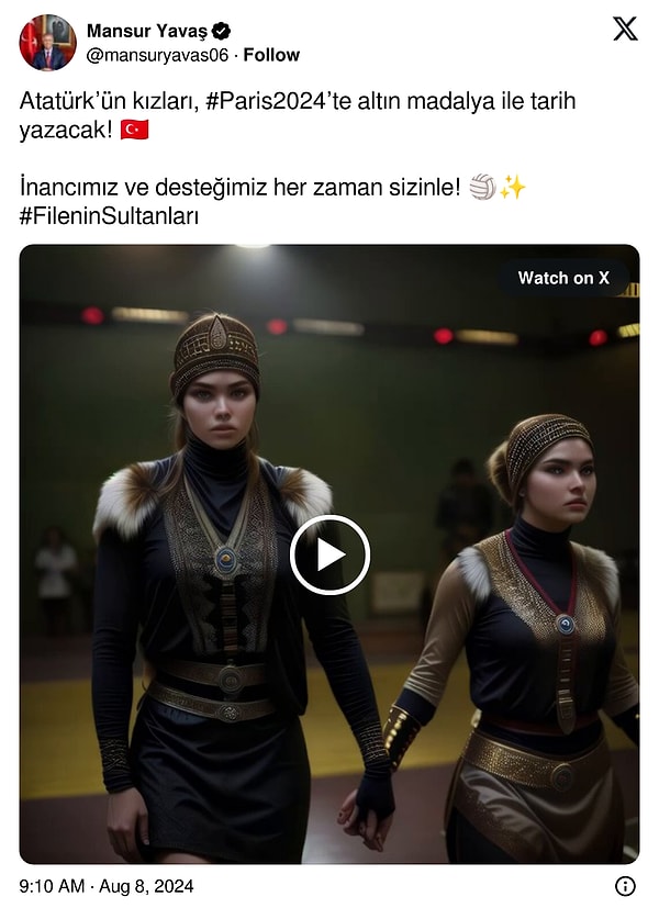 Mansur Başkan videoyu "Atatürk’ün kızları, #Paris2024 'te altın madalya ile tarih yazacak! İnancımız ve desteğimiz her zaman sizinle!" notuyla paylaştı.