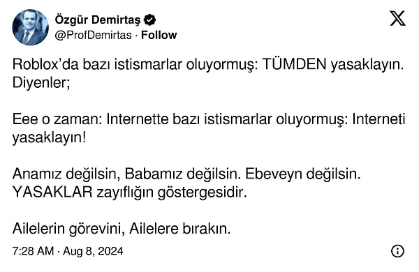 Ünlü ekonomist, 'Anamız değilsin, Babamız değilsin. Ebeveyn değilsin. YASAKLAR zayıflığın göstergesidir.' diyerek yasaklara isyan etti. 👇