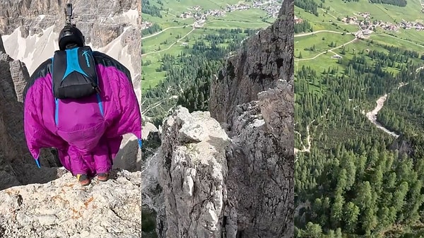 Çıktıkları dağın zirvesinden atlayış yapan wingsuit sporcularının kaydettiği görüntüler sosyal medyada gündem oldu.