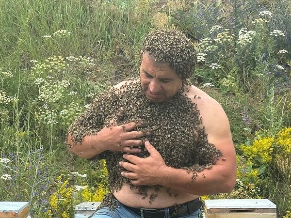 Savaşlar sebebiyle masum çocukların yaşadığı acılara tepki göstermek isteyen Üzeyir, kovanların önüne tuvalini kurdu ve binlerce arıyla resme başladı.