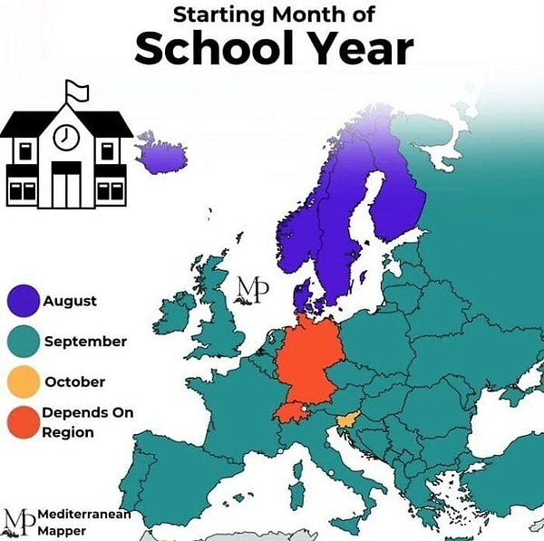 3. Avrupa'da okulların açıldı tarih. Mavi renk ağustos, yeşil renk eylül, sarı renk ekim, turuncu renk bölgeye göre değişkenlik gösteriyor.