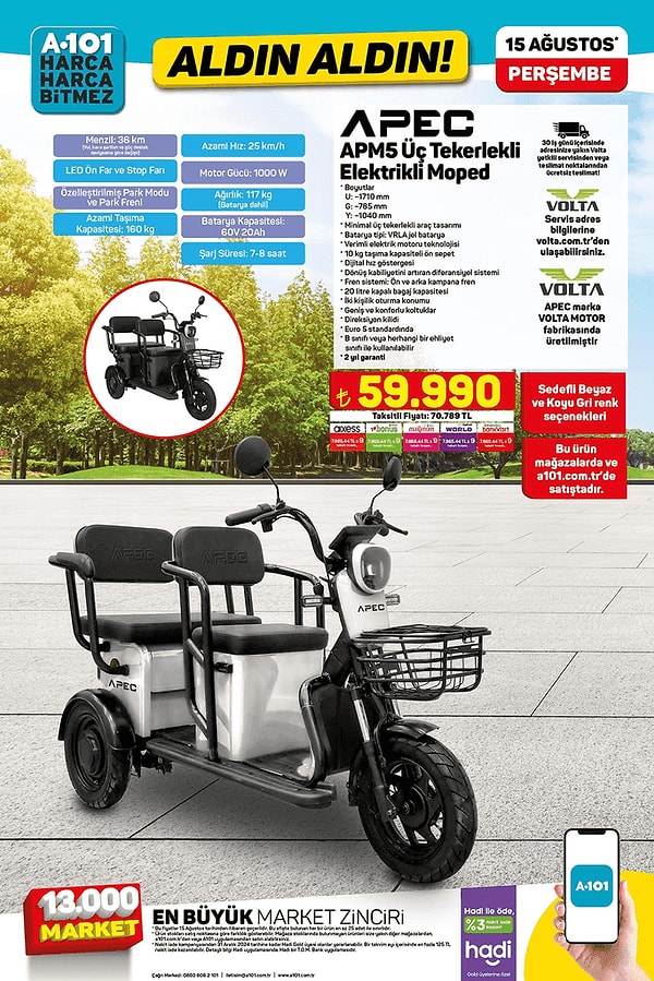 APEC APM5 Üç Tekerlekli Elektrikli Moped 59.990 TL