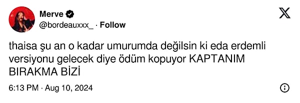 Peş peşe birçok yıldızın "Milli takımı bırakıyorum" açıklamasından sonra tüm gözler Eda Erdem Dündar'a çevrildi. İşte X kullanıcılarının Thaisa'nın vedasına yaptıkları paylaşımlardan bazıları: