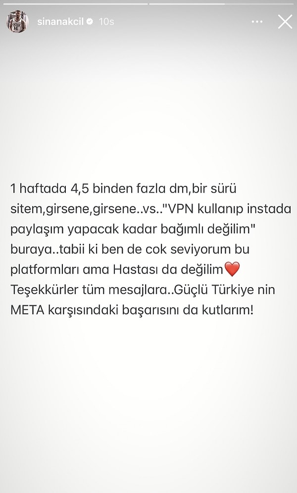 "Teşekkürler tüm mesajlara.. Güçlü Türkiye'nin META karşısındaki başarısını da kutlarım!"