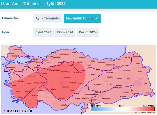 Meteoroloji Genel Müdürlüğü'nün yine ECMWF'nin tahminleri üzerinden uzun vadeli mevsimlik tahmin verilerine göre eylül ayında Türkiye için hava sıcaklığının iç ve güneybatı kesimlerde mevsim normallerinin 1 ila 2 derece üzerinde, diğer yerlerde ise mevsim normallerinin 0,5 ila 1 derece üzerinde seyredeceği bekleniyor. Yağışın da yurt genelinde mevsim normalleri civarında gerçekleşeceği öngörülüyor.