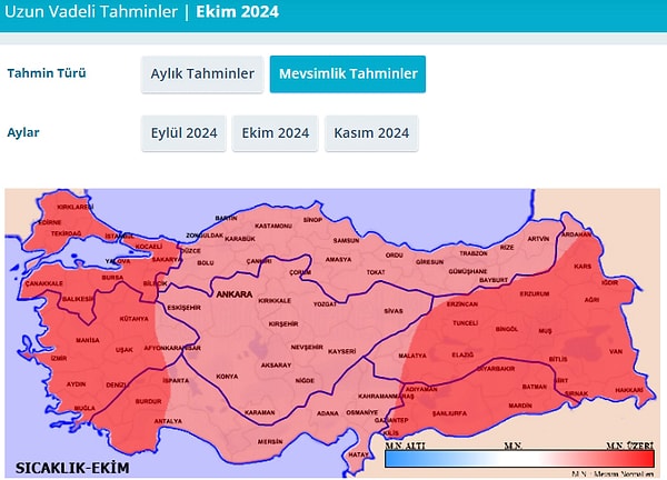 Ekim ayında hava sıcaklığının batı kesimler ile Doğu ve Güneydoğu Anadolu'da mevsim normallerinin 1 ila 2 derece üzerinde, diğer yerlerde ise mevsim normallerinin 0,5 ila 1 derece üzerinde seyredeceği bekleniyor. Yağışın yurt genelinde mevsim normalleri civarında gerçekleşeceği öngörülüyor.