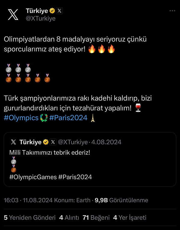 X Türkiye hesabı üzerinden yayınlanan, 'Türk şampiyonlarımıza rakı kadehi kaldırıp, bizi gururlandırdıkları için tezahürat yapalım.' paylaşımı kısa süre sonra silindi.