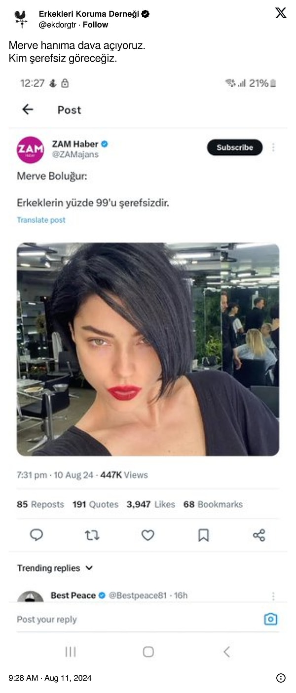 Nasıl derseniz, bahsi geçen X hesabı, Merve Boluğur isimli, mavi tikli parodi X hesabından 8 Ağustos'ta atılan "Erkeklerin %99'u şerefsizdir" tweetini gerçek sandı. Merve Boluğur'a dava açmaya karar veren dernek, "kim şerefsiz göreceğiz" yorumunda bulundu.