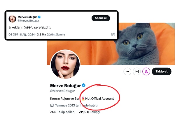 Halbuki o hesap, yaygın bir şekilde bilindiği üzere Merve Boluğur'a ait değil. Hatta bilinmediği senaryoda bile bunu anlamak çok zor değil çünkü bio'da hesabın resmi olmadığı açık ve net bir şekilde yazıyor.