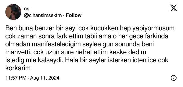 Kimi de geçmişte kendi hayatlarında benzer manifestler yaparak beklenmedik ve olumsuz sonuçlar yaşadıklarını ifade etti.