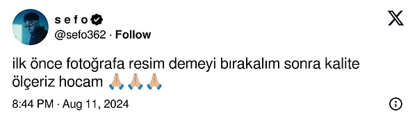 Kendisini Murat Soner'in paylaşımında gören Sefo da konuya sessiz kalmayıp "(Resim temsilidir)" diyen Youtuber'a inceden laf sokmak isteyip "ilk önce fotoğrafa resim demeyi bırakalım sonra kalite ölçeriz hocam" diyerek karşılık verdi.