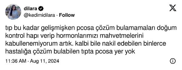 Bir kullanıcı, tıbbın kalp nakli gibi büyük başarılar elde etmesine rağmen PCOS gibi kadın sağlığı sorunlarına yeterince etkili çözümler sunamadığını ifade etti.👇