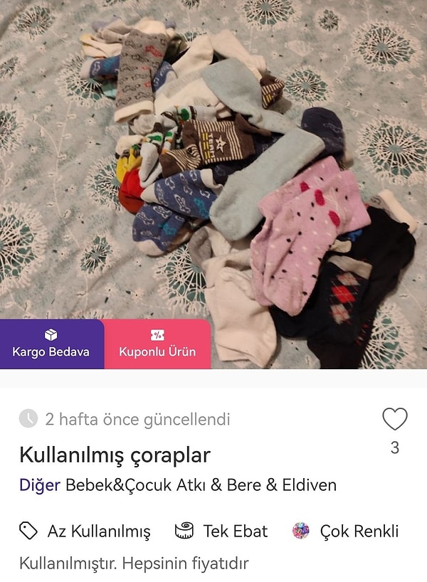 Popüler bir ilan sitesinde çocuk çorapları satılan ilan ilk başta normal gibi görünebilir.