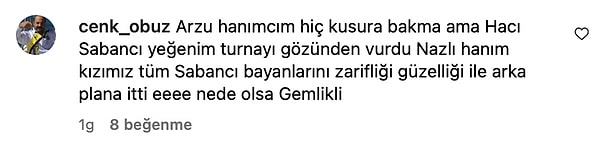 Çünkü Arzu Sabancı bu sefer de kendi paylaşımının altına yapılan ve müstakbel gelini Nazlı Sabancı'ya övgüler yağdırılan yorumu beğendi! Peki bu beğeni ironi mi yoksa gelin sevgisi mi? Hadi, yorumlarda buluşalım!