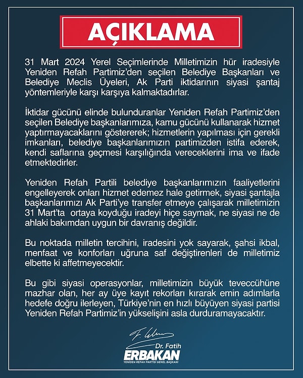 Fatih Erbakan’ın paylaşımı👇