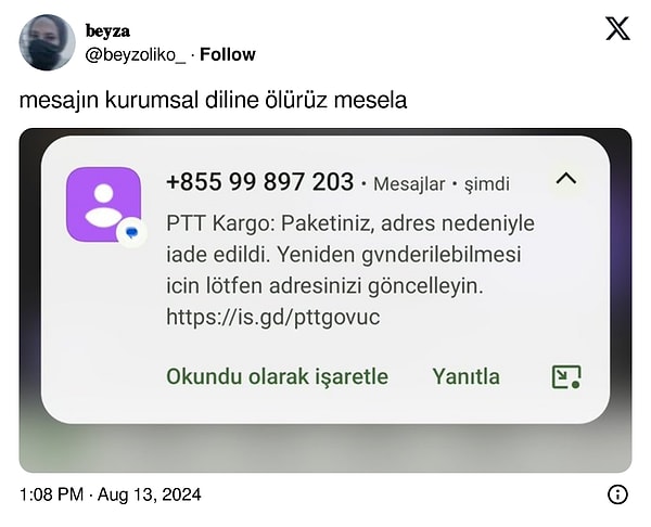 Bir kullanıcı da kendisine gelen mesajdaki yazım hatalarını fark etti.