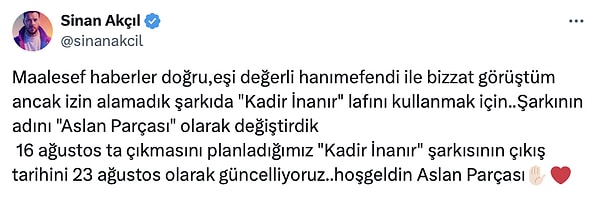 Akçıl, durumu "eşi hanımla bizzat görüştüm ama izin alamadım" diyerek bu sözlerle duyurmuştu 👇