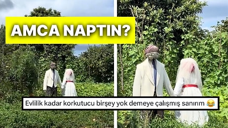 Bahçesine Korkuluk Olarak Gelin ve Damat Yapan Vatandaş Her Görenin Nabzını Yükseltiyor