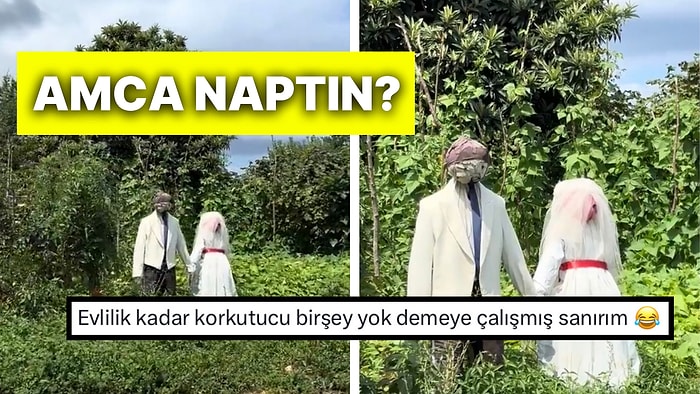 Bahçesine Korkuluk Olarak Gelin ve Damat Yapan Vatandaş Her Görenin Nabzını Yükseltiyor
