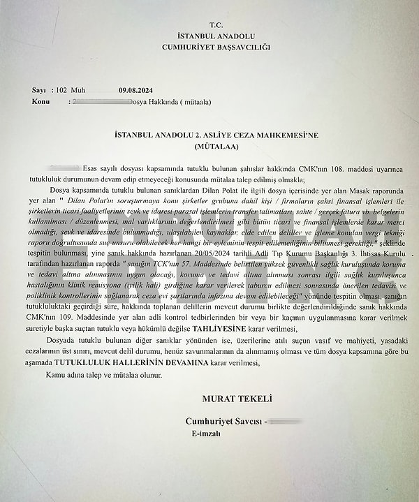 Dilan Polat hakkında tutuksuz yargılanma kararını getiren savcılık mutalaasını da paylaşan Erdinç, savcının "MASAK raporunda Dilan Polat'a suç isnat edilmemesini, Adli Tıp'tan gelen, yüksek güvenlikli sağlık kuruluşunda koruma ve tedavi altına alınması yönündeki görüşü, Tutuklulukta geçirdiği süre ve mevcut delil durumunu birlikte değerlendirip tahliye olması" yönündeki görüşlerini de açıkladı.