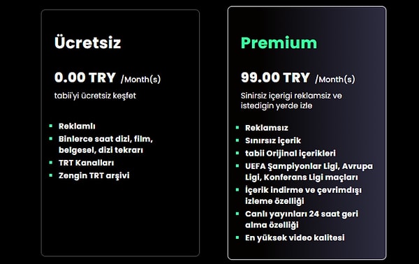 tabii'nin premium paketi aylık 99 TL. 👇