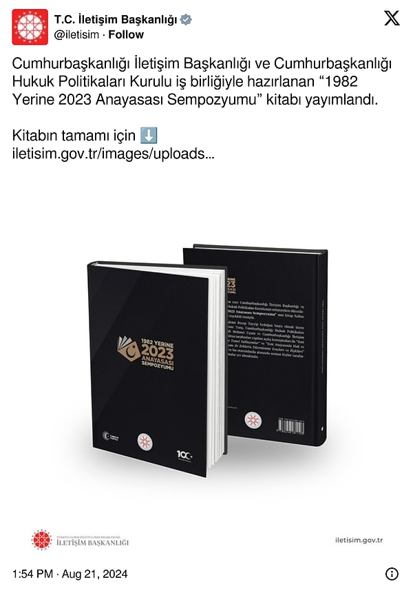 İşte, T.C. İletişim Başkanlığı tarafından X üzerinden yayımlanan "1982 Yerine 2023 Anayasası Sempozyumu" kitabı