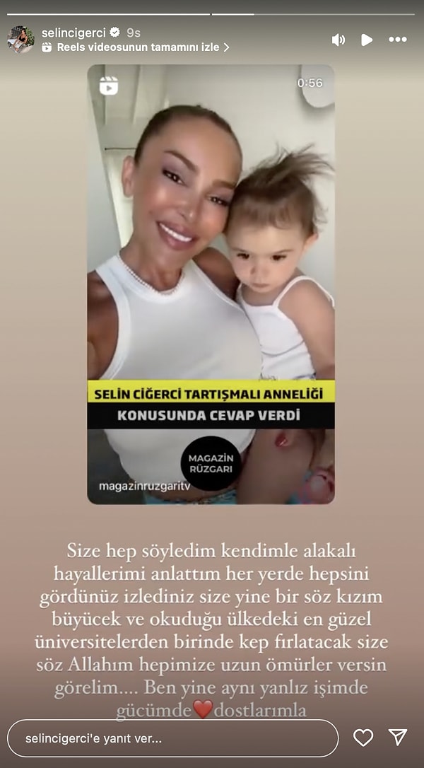 Kızı üzerinden çirkin yorumlara maruz kalan Selin Ciğerci, "kızım bir gün büyüyecek, okuduğu ülkedeki en güzel üniversitede kep atacak size söz" dedi ve kızının yanından bir an olsun ayrılmayacağının altını çizdi.