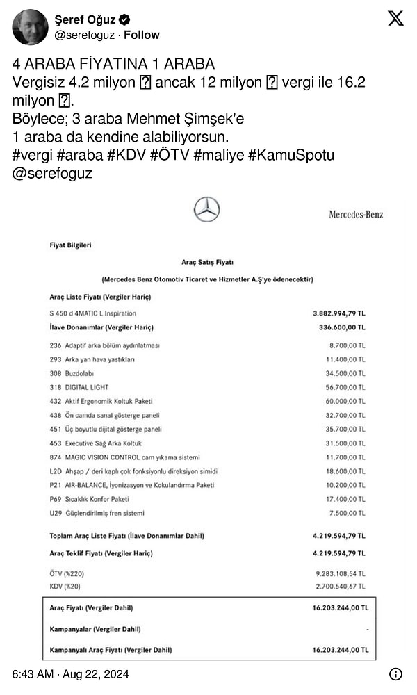 İşte, Mercedes'in S-450 modeline ait fiyatlandırma 👇