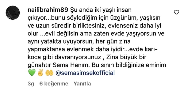 İşte takipçisinin Sema Şimşek'e yaptığı yorum 👇🏻