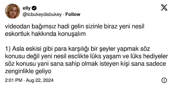 Bir kullanıcı ise bu videoyu kendince analiz etti. 'Yeni nesil eskortluk' olarak değerlendirdiği bu durumu en ince detayına kadar açıkladı.