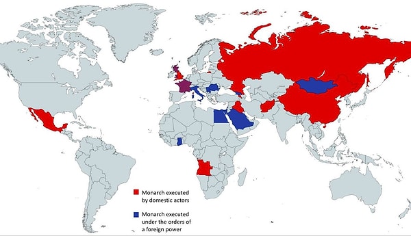 2. Hükümdarlarını yerli siyasi figürlerin etkisiyle idam eden ülkeler kırmızı renkle gösterilmiş. Mavi ile gösterilenler ise idam sürecinde dış destek alanlar.