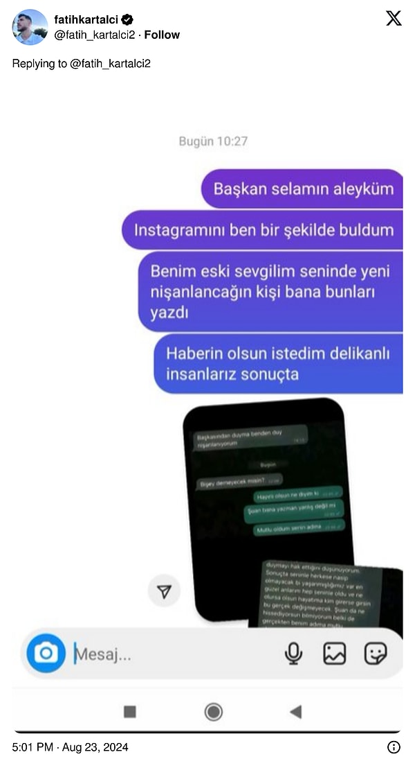 'En güzel anılırımız seninle' dese de eski sevgili, kararından dönmedi! Üstüne bir de yazışmaları, genç kadının nişanlısı ile paylaştı.