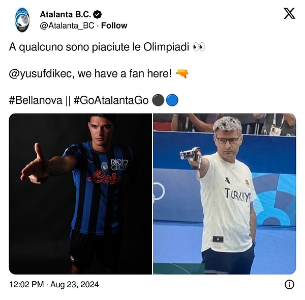 Atalanta yeni transferi Bellanova'yı Yusuf Dikeç'in ikonik hareketi ile açıkladı. "Burada bir hayranınız var" mesajıyla paylaşılan tweet kısa sürede büyük ilgi gördü.